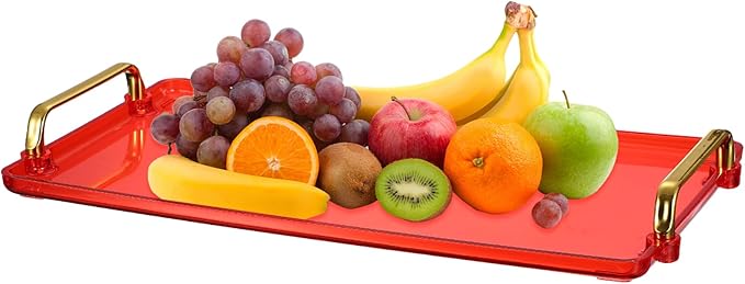 uxcell Plastic Serving Tray with Golden Handle, 16 x 8.7 Modern Rectangular Decorative Tray Acrylic Reusable Tea Platter for Countertop Bathroom Kitchen Home Restaurant, Clear Red