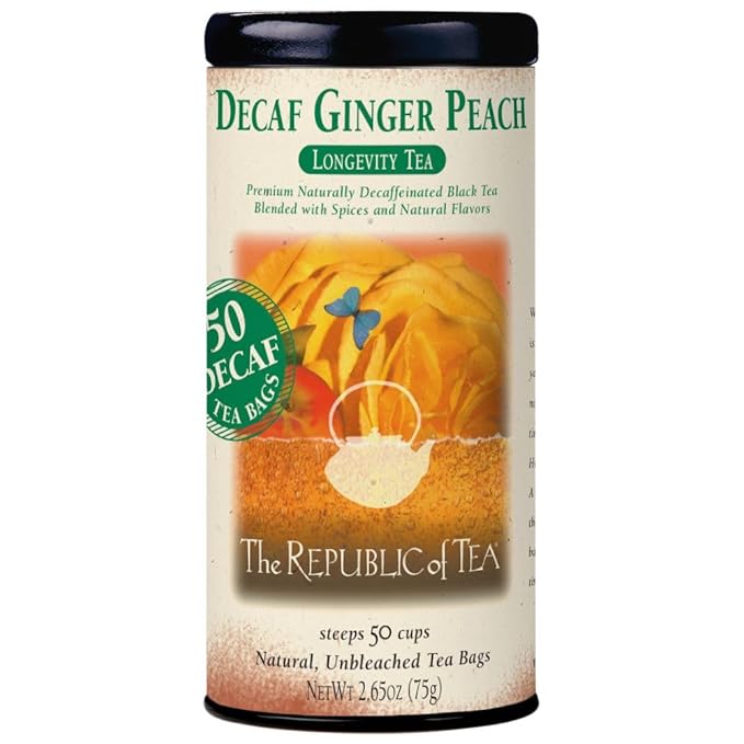 The Republic of Tea Decaf Ginger Peach Black Tea, Tin of 50 Bags