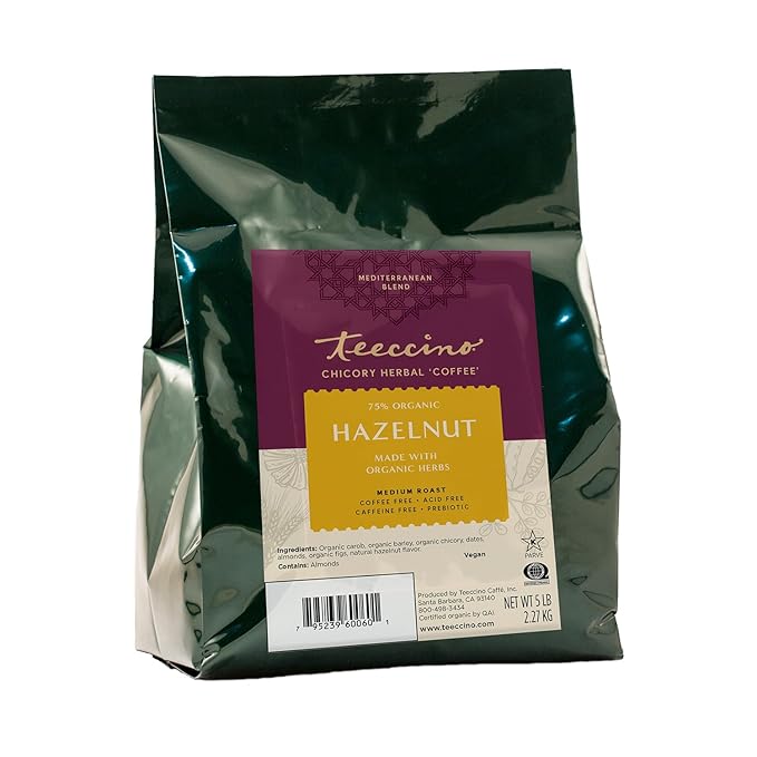 Teeccino Chicory Coffee Alternative – Hazelnut, 5 Lb Bag, Ground Herbal Coffee That’s Prebiotic, Caffeine Free & Acid Free, Medium Roast