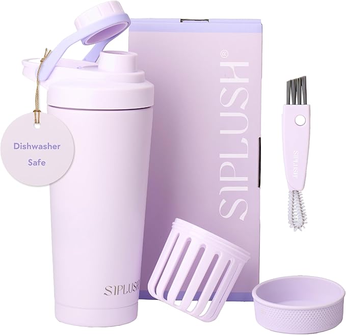 Paradise Shaker Bottle 24 oz, Insulated Stainless Steel Protein Shaker, Dishwasher Safe, with Lid Brush & Protective Boot, Leakproof Twist-Off Chug Cap, Lavender Coast
