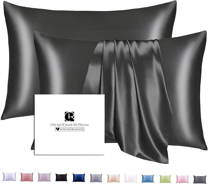 Ravmix Silk Pillow Cases 2 Pack with Zipper, 21momme Mulberry Silk Pillowcase for Hair Skin, Soft Smooth Breathable Cool Pillow Cover for Beauty Sleep with Gift Box(Standard 20"x26", Black)