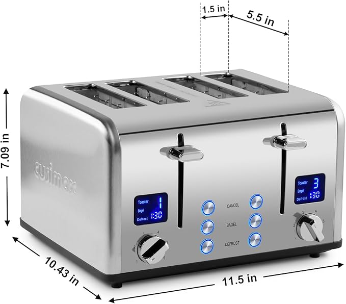 Stainless Steel Toaster, CUSIMAX 4 Slice Toaster with Smart LED Display, Exart Wide Slots, 6 Shade Settings, 1650 Watts, Bagel and Defrost Fuction, Cancel Button, Removable Crumb Trays