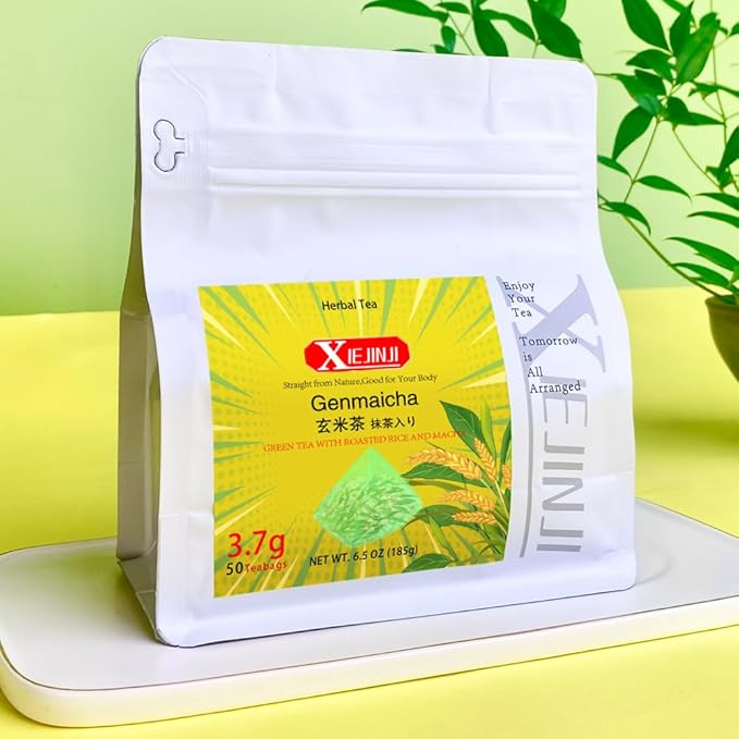 XIEJINJI Genmaicha, Green Tea with Matcha - 3.7g x 50 Count, Japanese-style Roasted Brown Rice Tea, Low Caffeine, Eco-Conscious Tea Bags