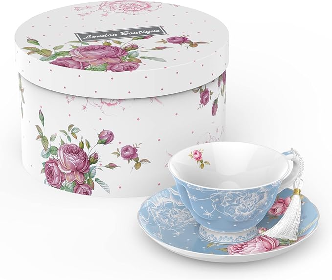 London Boutique Tea Cup and Saucer Set 1 Afternoon Tea Set New Bone China Vintage Flora Gift Box 200m (Blue)