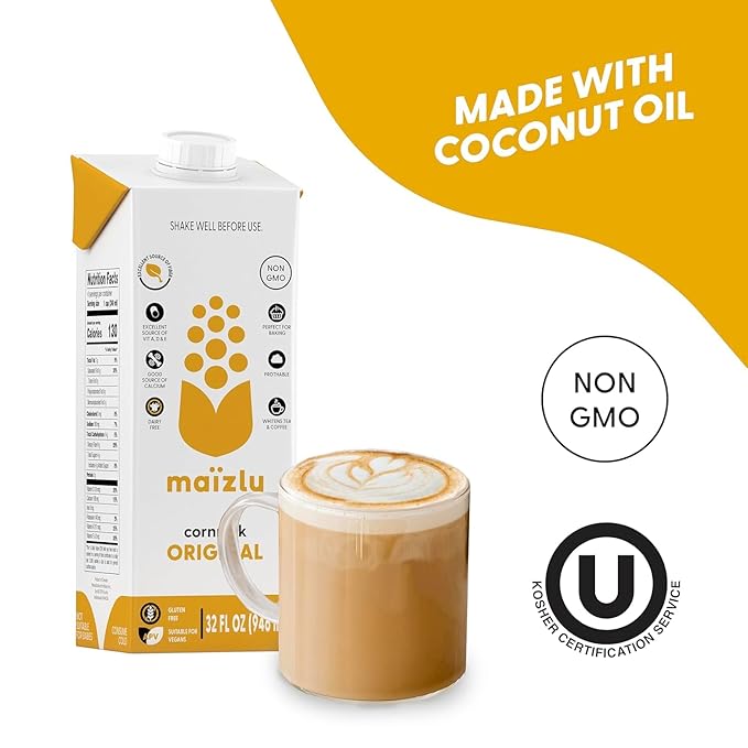Maizly Original Corn Milk, Plant-Based Drink Made with Non-GMO Ingredients, Less Sugar, Gluten & Dairy-Free Alternative to Whole Milk, Non-Dairy Kosher Drink For Kids & Adults, 32 oz, Shelf Stable Pack of 2