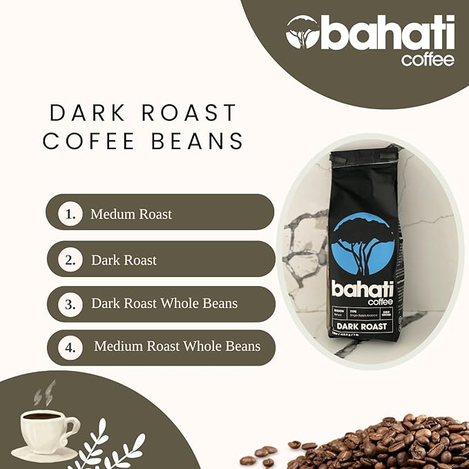 Kenya AA Grade Roasted Arabica Coffee Beans from Kenyan Highlands - 100% Pure Arabica Coffee Roasted Beans (Dark Roast Whole, 1 LB)