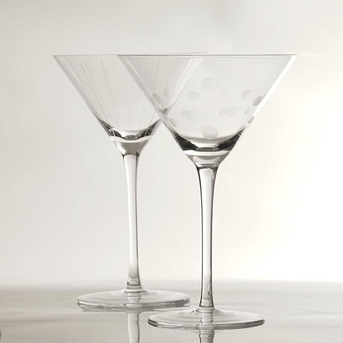 Etched Martini Glasses Set of 2-9 oz, Handmade Premium Crystal Cocktail Glasses, Martini, Cosmopolitan, Manhattan, Gimlet, Pisco Sour, Christmas Gifts for Men Women, Etched -(Lines+Dots)