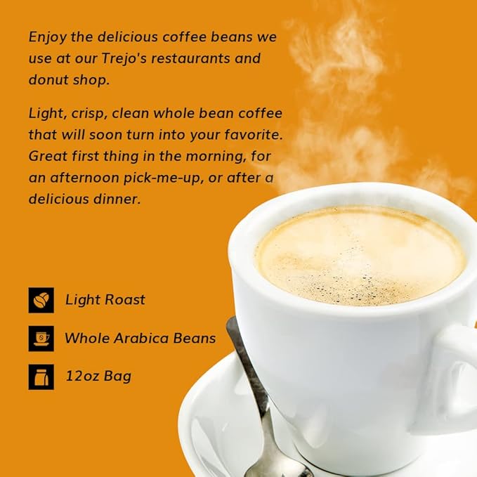 Trejo's Coffee House Blend Light Roast Whole Bean Coffee, 12 Ounce Bag, 100% Arabica