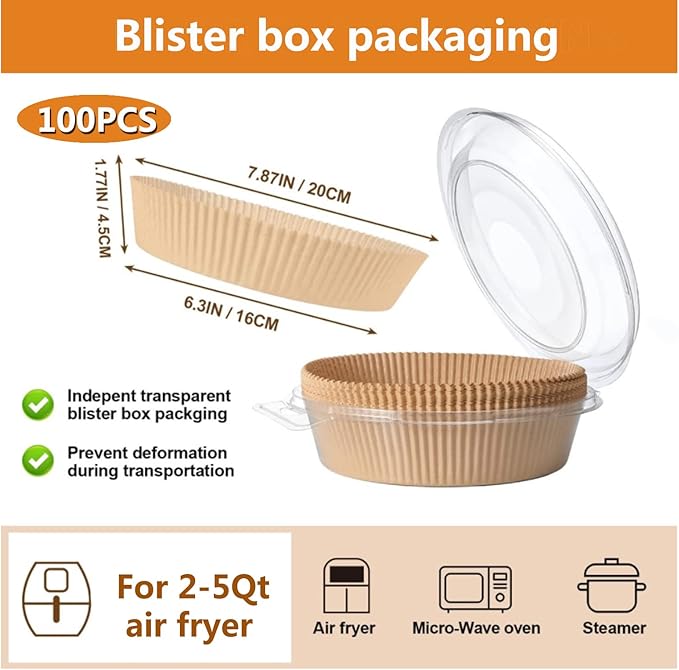 Air Fryer Liners Round,100PCS 6.3 inch Disposable Liner for Air Fryer 2Qt to 5Qt,Unbleached Non-stick Non-leak Small Airfryer liner Parchment Paper