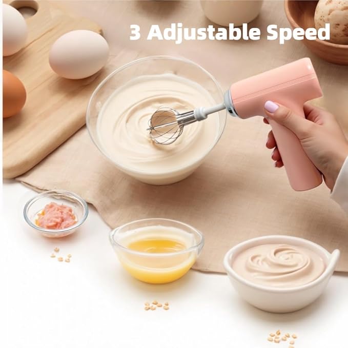 Cordless Hand Mixer, One Touch Off Handheld Electric Whisk with 3 Speed Modes, Hand Held Egg Beater with 2 Detachable Stir Whisks (Pink)