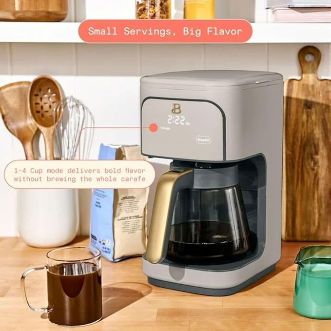 Beautiful 12-Cup Programmable Coffee Maker with Touch Activated Display, Auto Brew Timer, Reusable Filter, Large Glass Carafe (Porcini Taupe)