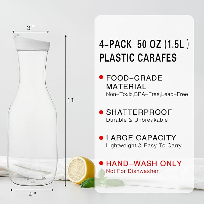 Water Carafe with Lid, 50 Oz Round Plastic Pitcher for Drinks, Milk, Mimosa Bar Supplies, Iced Tea, Juice Containers with Lids for Fridge, BPA-Free, NOT DISHWASHER SAFE, 4 Pack