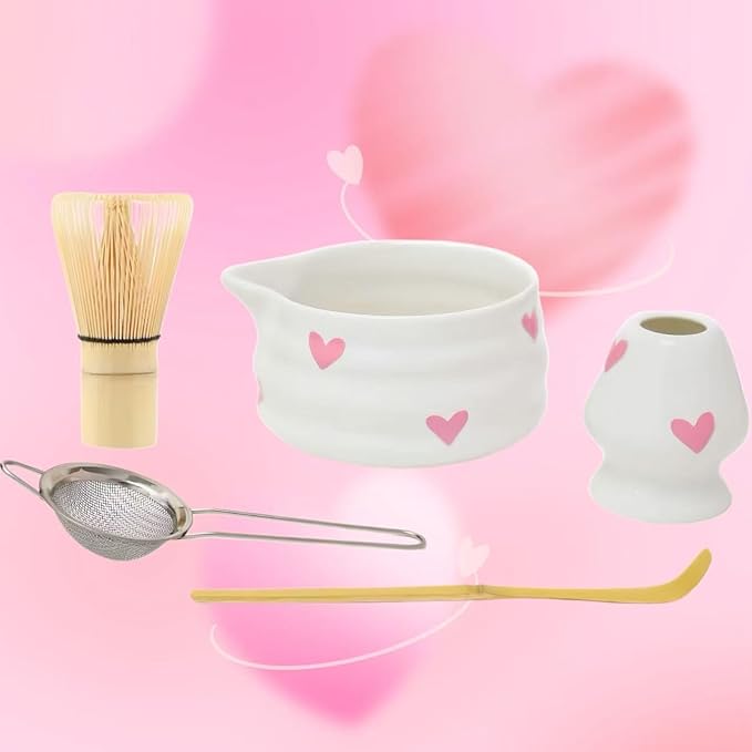 Matcha Whiks Set of 5 with Cute Love Heart Pattern Design,Matcha Set - Matcha Kit for Making Green Tea-Matcha Tools -Matcha Powder Kit-Starter Gift Set for Tea Lovers-Bowl and Whisk Holder Ceremonial