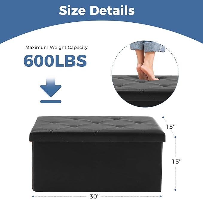 DUMOS Folding Storage Ottoman Bench 30in, Synthetic Leather Foot Rest Stools Ottoman with Storage Chest Footstool for Living Room, Bedroom, Load 660 lb, Modern Black