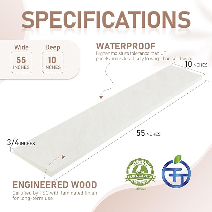 Kaboon 55 inch Long 10 inch Deep Floating Shelves for Wall Set of 2, Large Open Shelves Wall Mounted, Space Saving Home and Commercial Use, Sea Salt/Greyish White