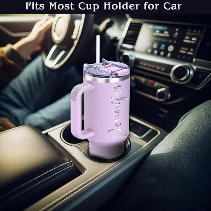 iProductsUS Personalized 40oz Tumbler with Handle & Straw Christmas Gift for Mom & Wife! Custom Engraved Name & 40+ Designs, Spill-Proof Lid, Insulated Stainless Steel Travel Coffee Mug (Lavender)