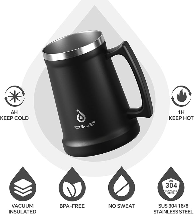 Ideus Insulated Beer Stein, 24/32oz Stainless Steel Double Walled Beer Mug Giant Bar Drinkware Metal Beer Cup with Big Grip Handle (Black, 24oz (710ml))