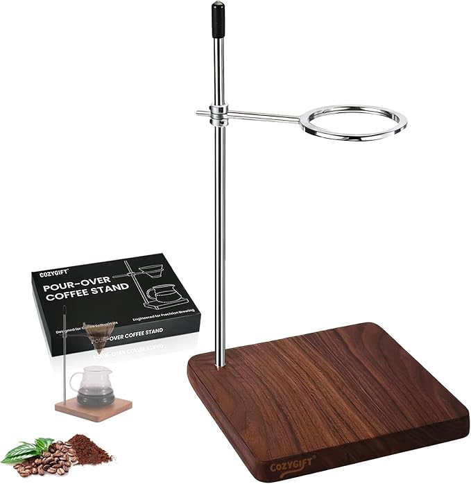 Pour Over Coffee Stand, North American Black Walnut Base with Stainless Steel Single-Arm Ring, Rotating Dripper Stand Fits 1-2 Cup V60 Brewers, Mugs and Carafes for Home Coffee Bar Setup