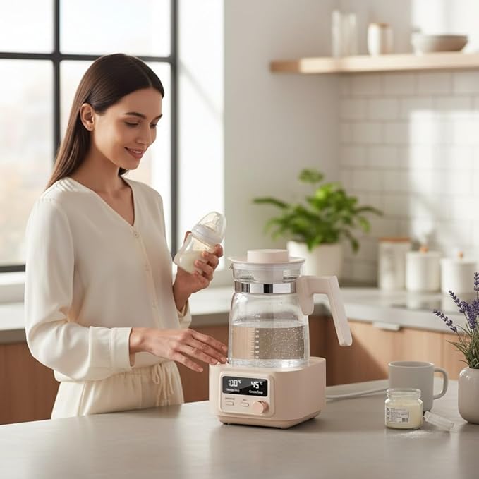Babysmooth Smart Kettle Pro Electric Glass Kettle, 1.3L Capacity, Digital LED Display, Temperature Control 40-100°C, Auto Keep Warm Function, Silent Operation, Beige, for Tea and Coffee Brewing