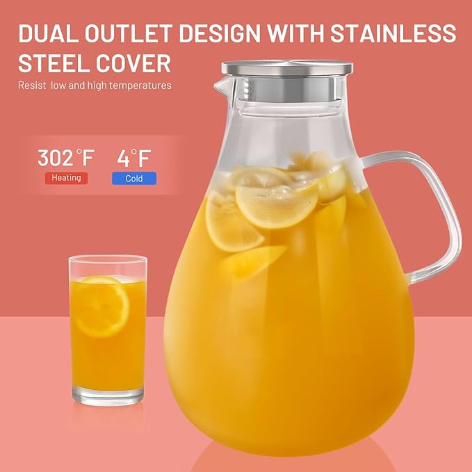 Glass Pitcher With Lid, 128 oz Glass Water Pitcher For Fridge, 1 Gallon glass Pitchers With Handle And Lid, Hot and Cold Beverages Tea pitcher, Jug, Carafe, Juice Coffee Milk pitchers