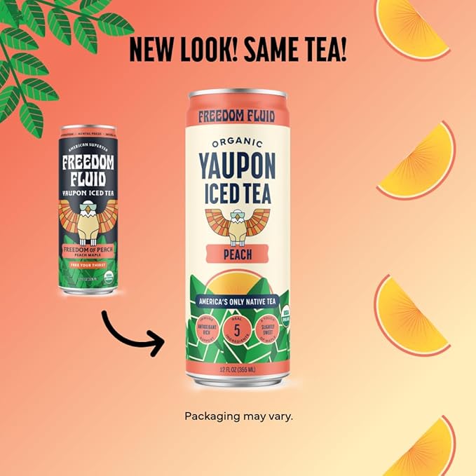 Freedom Fluid Organic Yaupon Iced Tea – Refreshing Peach | Herbal Tea Drink | Lightly Sweetened, Low Sugar, Low Calories, Real Brewed Tea, Clean Ingredients, Antioxidant Rich, Natural Caffeine, 12 Pack (12 oz cans)