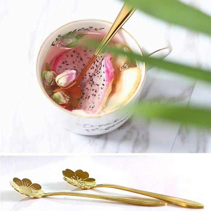 Stainless Steel Tableware Creative Flower Coffee, Sugar, Stir, Mix, Stir Bar, Tea, Cake, Sugar, Dessert Ice Cream Spoon Set of 8, Gold