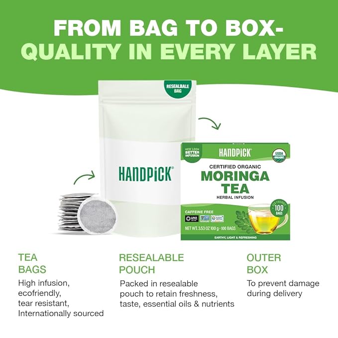 HANDPICK, Organic Moringa Tea Bags (100 Count), Pure Moringa Leaves | Authentic Indian Origin | Caffeine Free, Non GMO | Round Eco-conscious Teabags