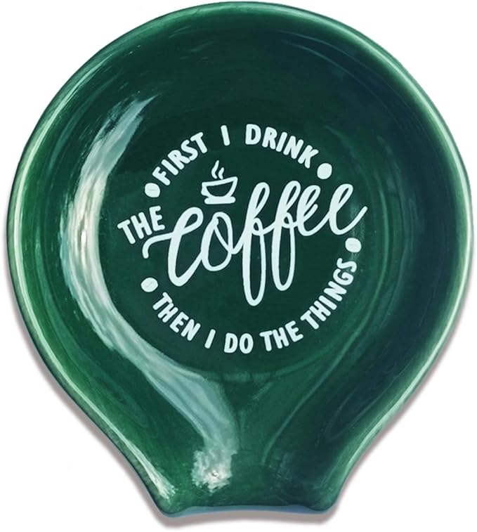 Funny Coffee Quote First I Drink The Coffee Then I Do The Things Ceramic Spoon Holder-Blackish Green Coffee Spoon Rest -Cafe Station Bar Accessories