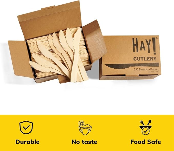 HAY! Bamboo Knives | 250 ct Unwrapped Knives | Biodegradable Utensils | Compostable & Plastic-Free | Heavy-duty Knife | For To-Go Meals or Events | Wooden Knife