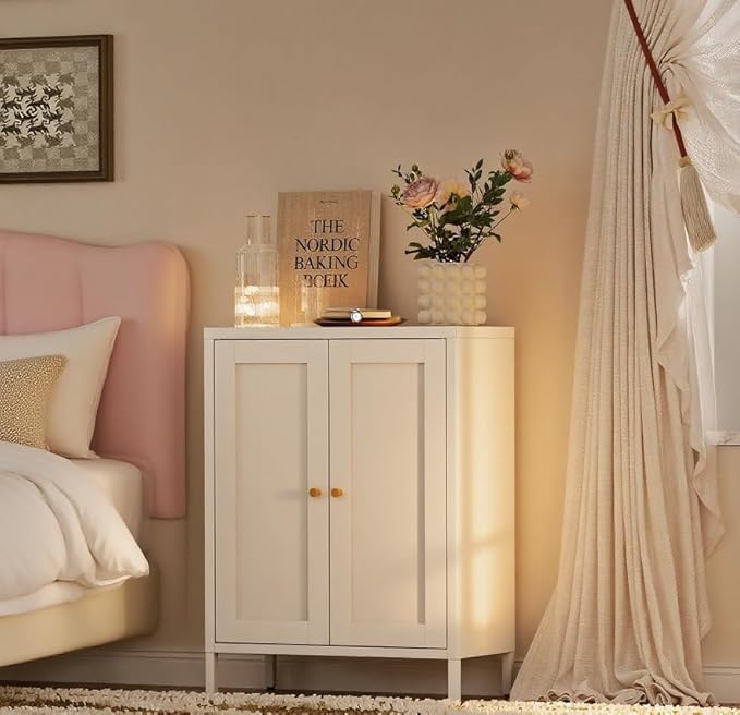 Bathroom Storage Cabinet, Metal Sideboard Cabinet, White Bathroom Floor Cabinets with 2 Doors and Adjustable Shelves for Kitchen, Living Room, Entryway,Office (White, 31.5" H)
