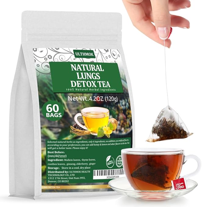 Premium 60 Natural Herbal Blend Tea Bags, Made with 6 Natural Herbs, Mullein Leaves, Elderberry, Thyme, Rooibos, Ginseng Root, Ginger Root, for Respiratory Support & Lung Health & Cleanse Mucus & Wellness & Detox.