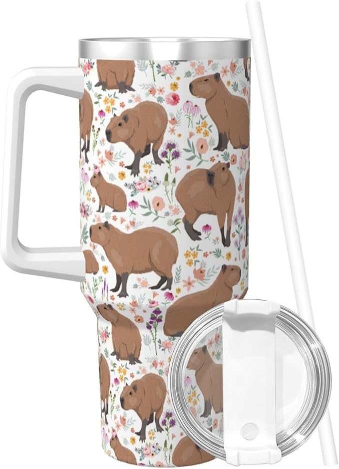 Capybara Gifts Capybara Tumbler Water Bottle Cup for Girls, Teens, Women, Men Stainless Steel Vacuum Insulated 40oz Tumbler with Lid and Straw for Water, Iced Tea or Coffee, White