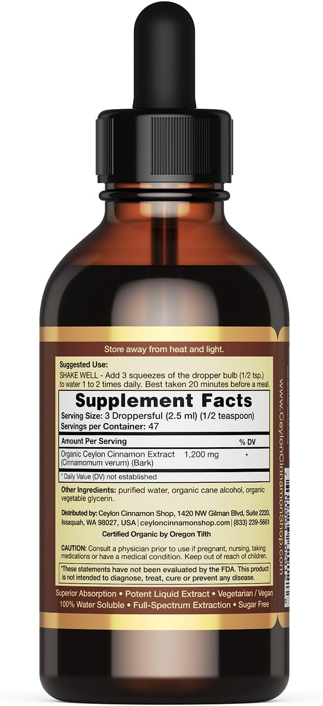 Ceylon Cinnamon Shop CinnaGold™ Organic Ceylon Cinnamon (100% Certified) Supplement, High-Potency Liquid Extract, 4 oz. – Super Antioxidant