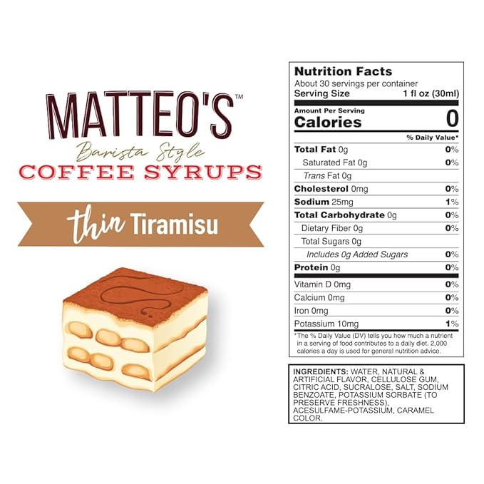 Matteo's Tiramisu Syrup for Coffee, Lattes, Cappuccinos & Desserts – Sugar-Free Sweetener for Beverages, Keto Friendly, Zero Calories, Indulgent Flavor, Non-Alcoholic, Ideal for Coffee 33.8oz (1pk)