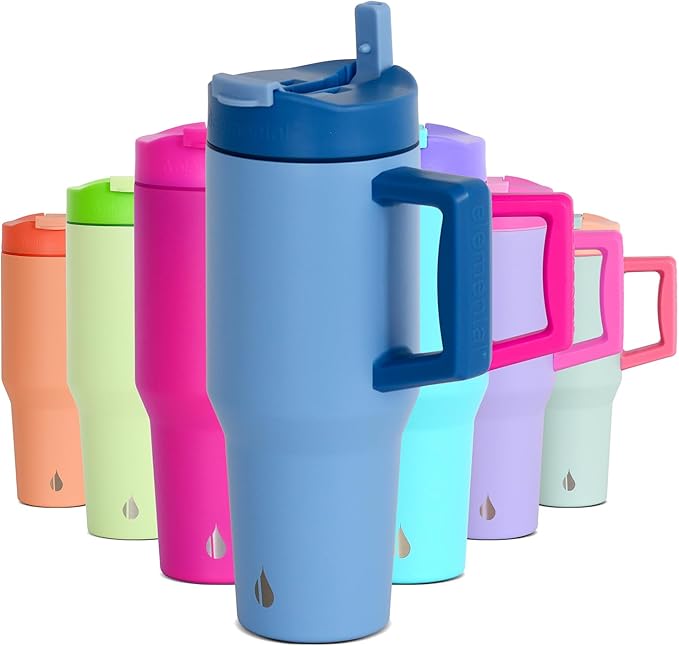 Elemental 32 oz 100% Leak Proof Tumbler with Handle & Straw - Stainless Steel Double Wall Insulated Tumbler for Hot and Cold Beverages - Travel Coffee Mug with Sip & Straw Lid - Ocean Blue