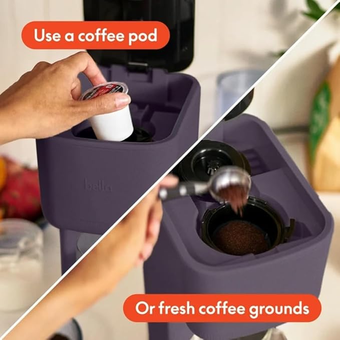 Single-Serve Bella Coffee Maker – Compact 6oz–14oz Brewer for Ground Coffee or Pods, One-Touch Operation, Adjustable Drip Tray, 35oz Water Tank, Travel Mug Friendly, Dishwasher-Safe Parts (Plum)