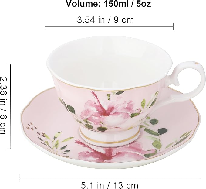 fanquare 5-Ounce Floral Tea Cups and Saucers Set of 6, Assorted Pastel Flowers Porcelain Coffee Cup with Gold Trim, Dishwasher & Freezer Safe