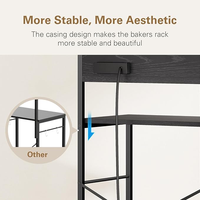Bakers Rack with 3 Power Outlets, 4-Tier Kitchen Microwave Stand with Storage, Freestanding Kitchen Shelf Stand 23.6”L x 15.7”W x 51.2”H, Coffee Bar Table, Black