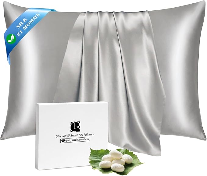 Ravmix Silk Pillow Cases with Zipper, 21momme Mulberry Silk Pillowcase for Hair Skin Health, Soft Smooth Breathable Cool Pillow Cover for Beauty Sleep with Gift Box(Standard 20"x26", Apricot Gray) 1PC