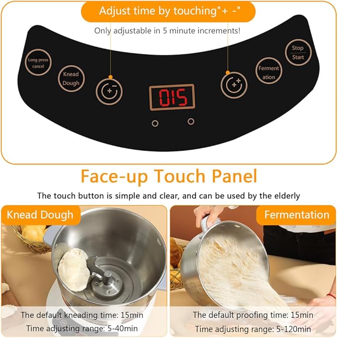 Electric Dough Maker Machine with Fermentation Function, 7L Large Capacity Household Dough Mixer, 304 Stainless Steel, Microcomputer Timing, Front Touch Panel, Gray,7L