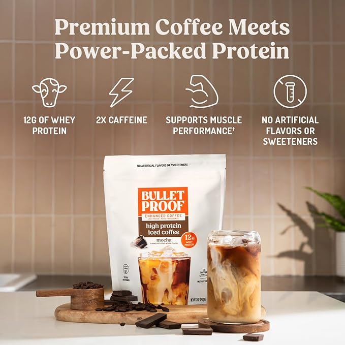 Bulletproof Mocha High Protein Iced Coffee, 14 Servings, 12g Whey Protein Instant Coffee, No Artificial Flavors & Sweeteners, 170mg Caffeine Per Serving, Creamy Latte