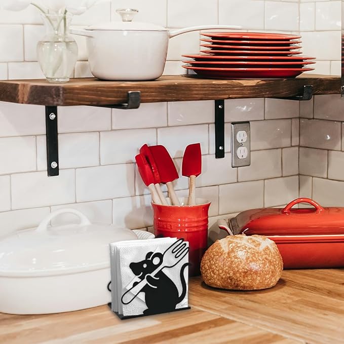 Funny Mouse Decorative Black Metal Napkin Holder for Table, 5.3" x 4.9" x 1.9" Mouse Fork Animal Standing Napkin Holder for Home Kitchen Restaurant Picnic Party Coffee Bar Dining Room
