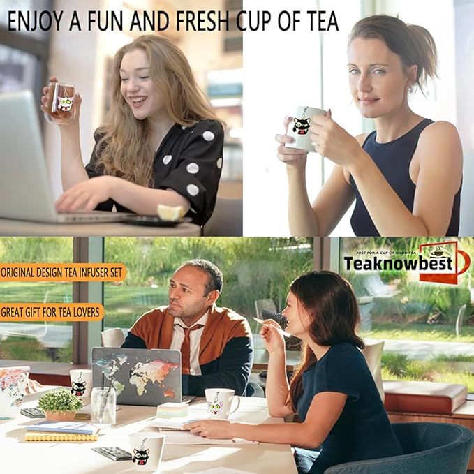 Cute cat Tea infuser, 2pcs loose tea strainer, Heart shaped tea ball + animal pendant, reusable tea steeper makes afternoon tea meaningful (Big eyed Cat, 2PCS)