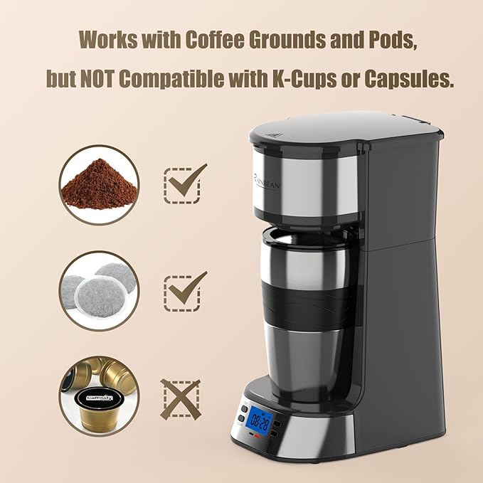 RAINBEAN Single Serve Coffee Maker, Programable Single-Serve Brewers, Timer Auto Start/Off, 14 Oz Single Cup Coffee Machine For Ground Coffee, 700W Quick Brewing, Perfect Gifts for Coffee Lovers