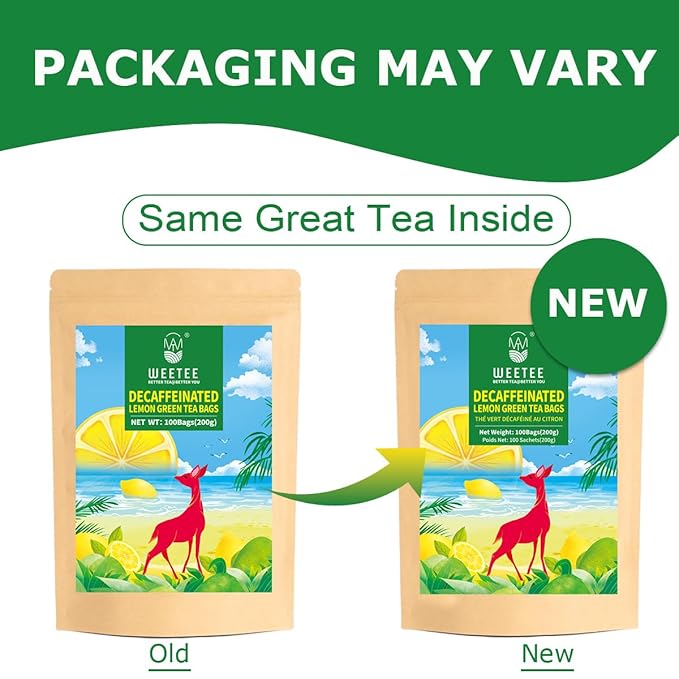 WT WEETEE Decaf Green Tea with Lemon Flavor, Decaffeinated Lemon Green Tea Bags 100 Count, Refreshing & Soothing, Super Antioxidant, Drink Whole Day