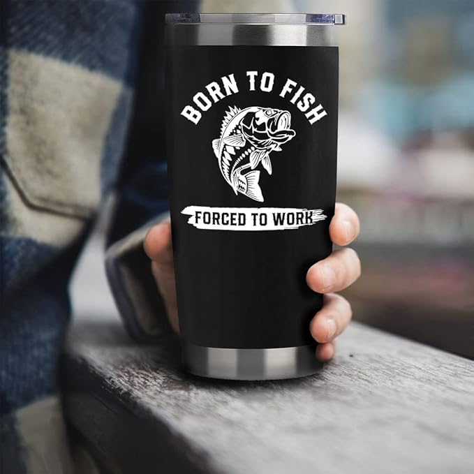 Fishing Gifts For Men Gifts for Fathers Day 20oz Black Born To Fish Forced to Work Travel Tumbler Birthday Christmas Presents For Grandpa Dad Uncle Boyfriend Fishing Lover Travel Cup With Lid Straw