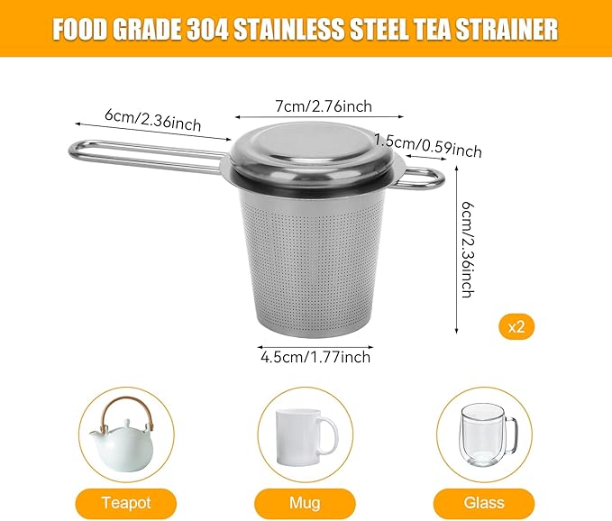 2pcs Tea Infuser, Stainless Steel Tea Strainer Fine Mesh Tea Diffuser with Double Long Handles Loose Leaf Tea Steeper for Mugs Cups Teapots (Silver)