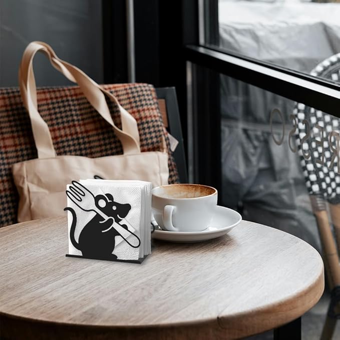 Funny Mouse Decorative Black Metal Napkin Holder for Table, 5.3" x 4.9" x 1.9" Mouse Fork Animal Standing Napkin Holder for Home Kitchen Restaurant Picnic Party Coffee Bar Dining Room