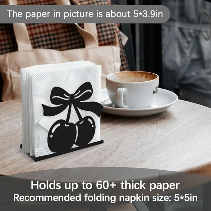 Cherry Decorative Black Metal Napkin Holder for Table, 5.3" x 4.5" x 1.9" Cherry Fruit Standing Napkin Holder for Home Kitchen Restaurant Picnic Party Coffee Bar Dining Room