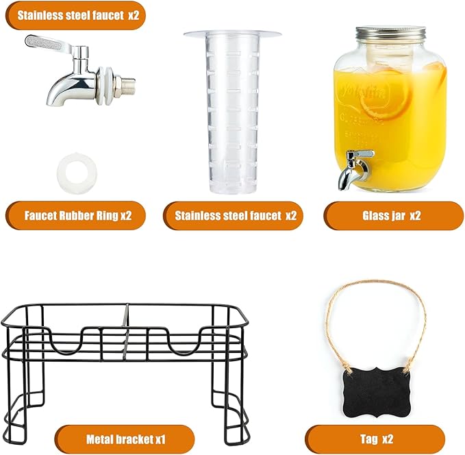 1 Gallon Glass Drink Dispensers for Parties, 2PACK Beverage Dispenser with Stand, Ice Cylinder and Stainless Steel Spigot 100% Leakproof, Beverage Dispenser for Lemonade Sun Tea